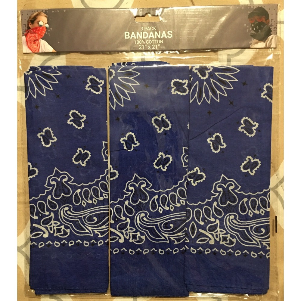 Blue Bandana 21 Inch‎ x 21 Inch Scarf Face Mask 3 Per Package New
